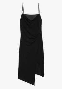 Robe noire à col drapé avec bretelles spaghetti réglables, ourlet asymétrique et texture légère irisée. Présente une fente sur le côté pour un détail supplémentaire.