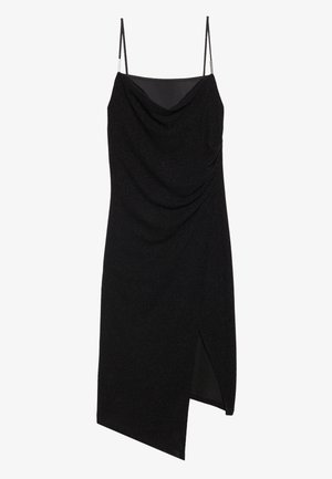 Rochie neagră cu guler tip cowl, bretele spaghetti ajustabile, tiv asimetric și textură subtilă cu strălucire. Dispune de o fanta laterală pentru un detaliu suplimentar.