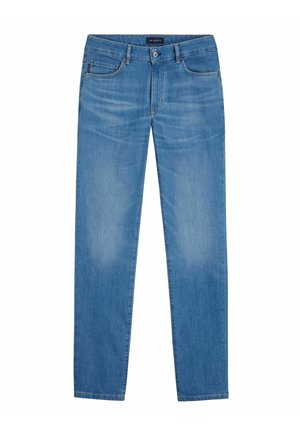 Jean en denim bleu clair avec une coupe droite, un design à cinq poches et une fermeture traditionnelle à bouton. Texture lisse avec un léger effet délavé.