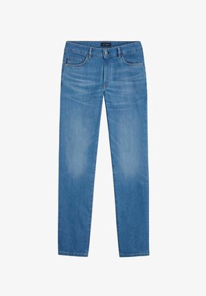 Light blue denim jeans with a straight cut, five-pocket design, and a traditional button closure. Smooth texture with slight fading.