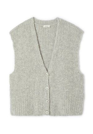 Gaiši pelēks adīts kardigans bez rokām ar V veida izgriezumu, īsām piedurknēm un piecām baltām pogām priekšpusē, ar teksturētu rakstu.