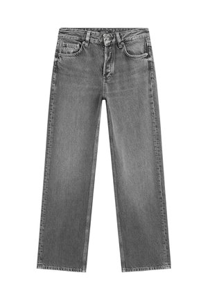 Šedé džíny z denimu se střihem rovného nohavice, středně vysokým pasem a klasickým pětiokrovým stylem. Obsahují švy podél okrajů.