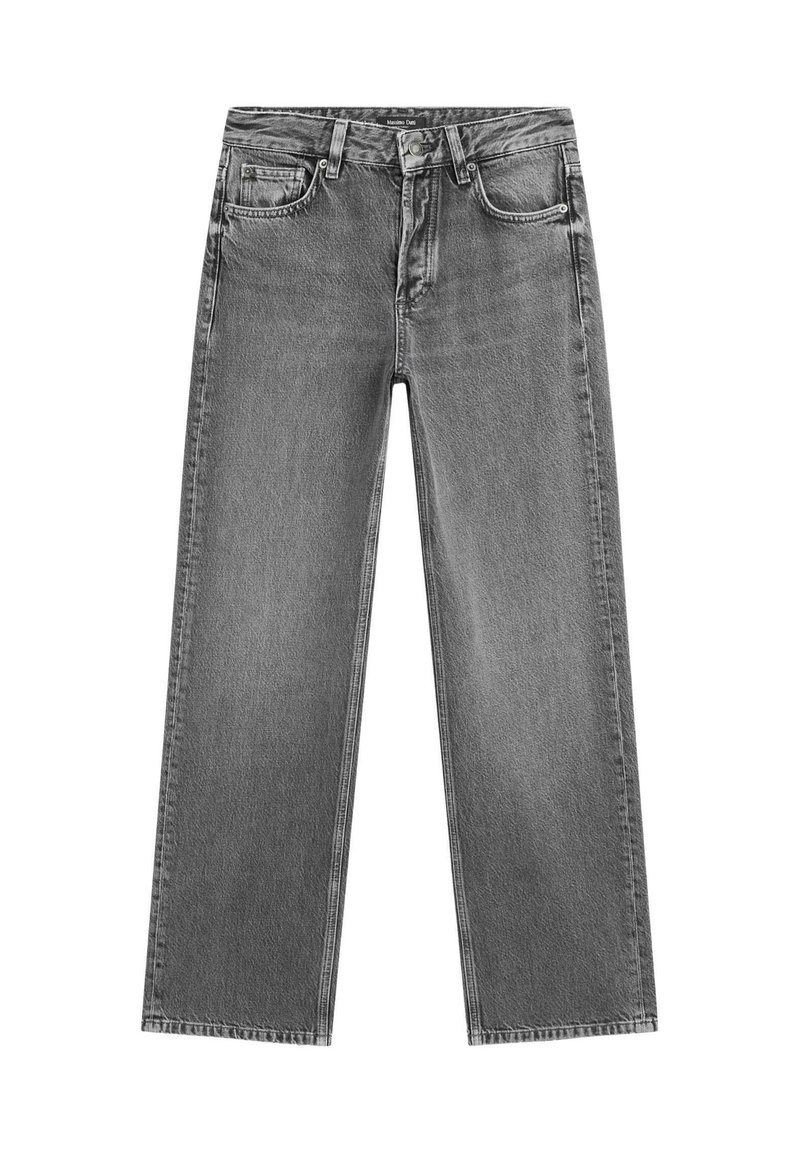 Jeans in denim grigio con design a gamba dritta, vita media e stile classico a cinque tasche. Presenta dettagli di cucitura lungo i bordi.