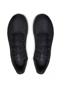 Schwarze Sportschuhe mit glatter Textur, ausgestattet mit einem gerippten Obermaterial und flachen Schnürsenkeln. Das Design ist niedrig geschnitten und hat eine abgerundete Zehenpartie.