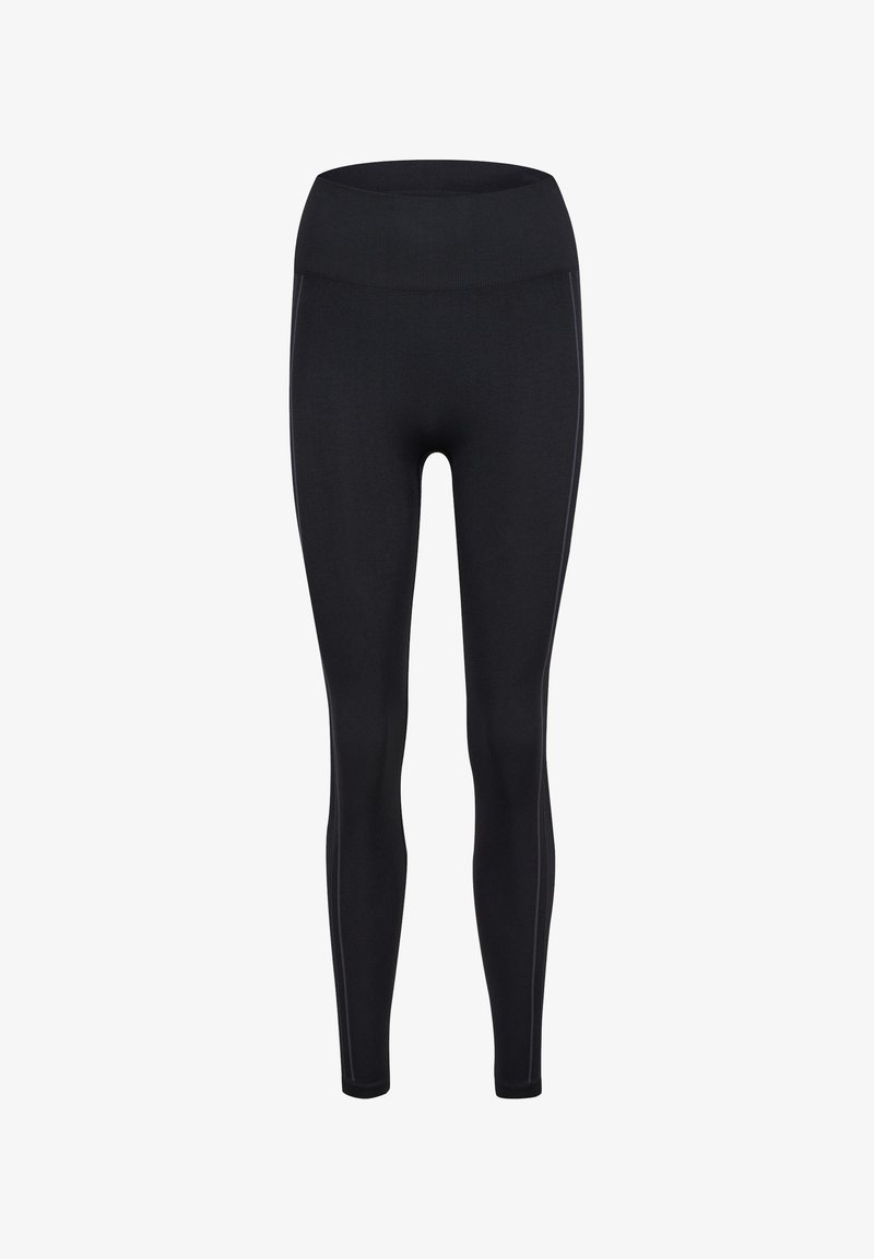 Czarne legginsy wykonane z rozciągliwego materiału, z wysokim stanem i subtelnym bokiem ze szwami. Gładka faktura z dopasowanym krojem.