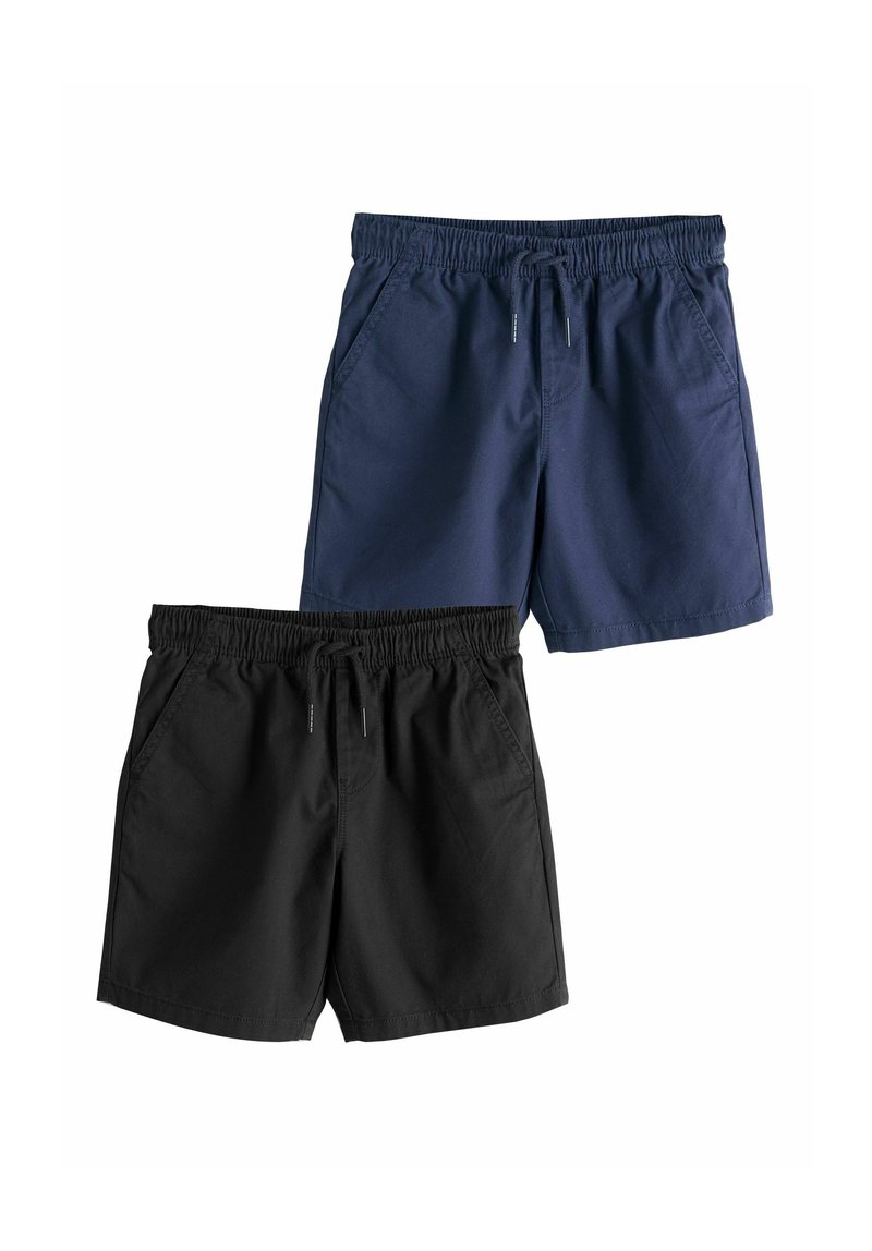 Deux paires de shorts de bain : une bleu marine et une noire, toutes deux avec une taille élastique, un cordon de serrage et des poches latérales.