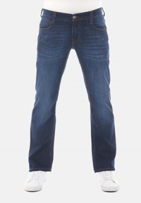 Jeans en denim foncé avec une coupe droite, dotés de poches avant et arrière, de coutures délicates et d'une fermeture éclair avec bouton.
