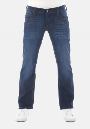 Jeans de mezclilla oscura con corte recto, que incluyen bolsillos delanteros y traseros, sutiles acentos de costura y un cierre de cremallera con botón.