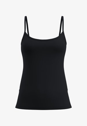 Schwarzes Top mit dünnen Trägern, aus glattem Stoff gefertigt, mit einer taillierten Passform und einem runden Halsausschnitt ohne Verzierungen.