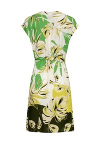 Short-sleeve dress featuring a colorful leaf print in green, yellow, and white, with a belted waist and knee-length design.