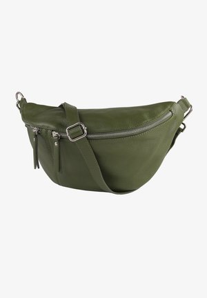 Sac bandoulière en cuir vert avec sangle réglable et trois fermetures éclair argentées visibles sur les poches avant et latérales.
