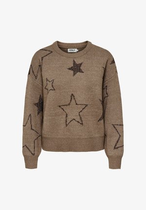 Rjava pletena pulover s okroglo izrezom, ki ima temne sijoče zvezdne vzorce. Manšete in rob zagotavljajo udobno prileganje. Oznaka je vidna znotraj.