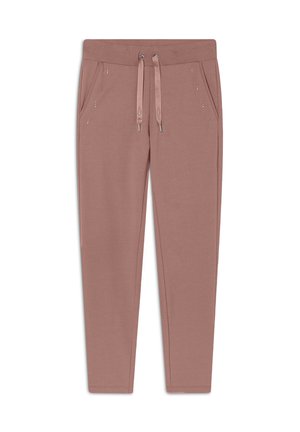 Jogger in misto cotone rosa con vita elastica, coulisse e strass decorativi lungo le tasche frontali. Design elegante con gamba affusolata.