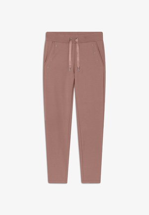 Jogger in misto cotone rosa con vita elastica, coulisse e strass decorativi lungo le tasche frontali. Design elegante con gamba affusolata.