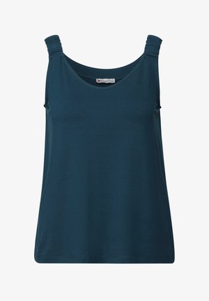 Donkerblauwe mouwloze top gemaakt van zachte stof; heeft geplooide schouderbanden en een ronde halslijn. Eenvoudige, ontspannen pasvorm zonder versieringen.