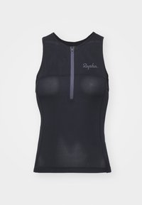 Haut de cyclisme sans manches bleu marine avec une fermeture éclair à l'avant, fabriqué en tissu respirant présentant un motif texturé. Logo "Rapha" sur le côté gauche de la poitrine.
