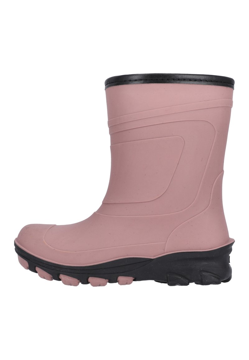 Botte en caoutchouc rose avec une finition mate, bout rond, semelle noire texturée et tige lisse présentant des lignes de design subtiles.