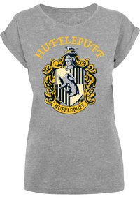Grå t-skjorte med kort erm som har et Hufflepuff-merke i svart, gult og hvitt, med et grevlingmotiv og utsmykninger.