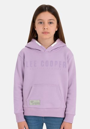 Sweat à capuche violet en coton avec une poche kangourou sur le devant, des poignets côtelés et un logo discret imprimé sur la poitrine. Capuche avec cordons de serrage.