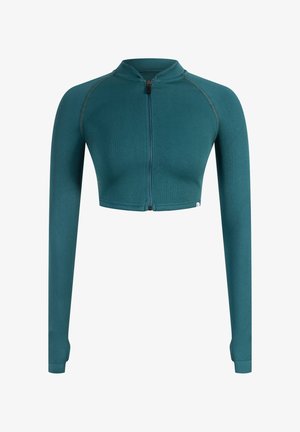 Teal cropped zip-up jack met lange mouwen, geribbelde textuur en contrasterende stiksels. Heeft een hoge kraag en een lichte tapering op de taille.