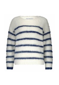 White fuzzy long-sleeve sweater with horizontal navy blue stripes across the body and sleeves, ribbed cuffs, and a round neckline.