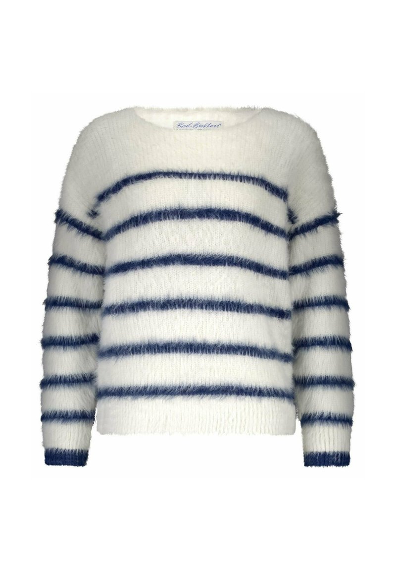 White fuzzy long-sleeve sweater with horizontal navy blue stripes across the body and sleeves, ribbed cuffs, and a round neckline.