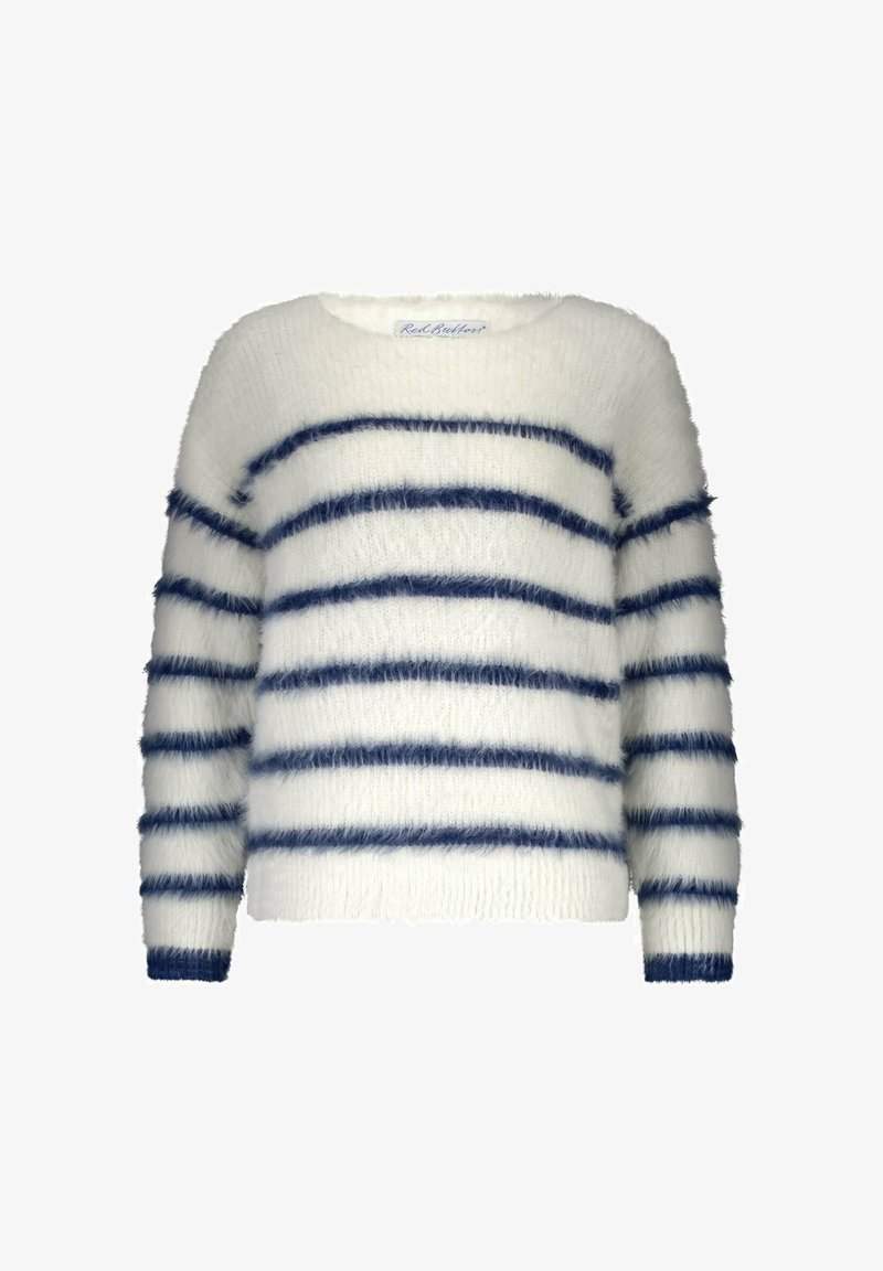 White fuzzy long-sleeve sweater with horizontal navy blue stripes across the body and sleeves, ribbed cuffs, and a round neckline.