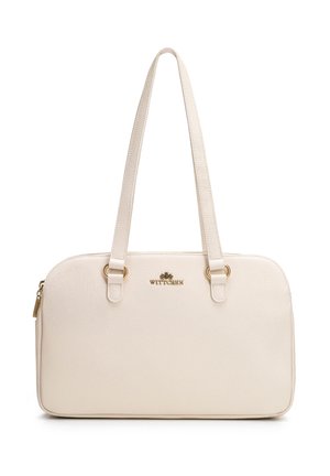 Bolso de mano de cuero texturizado color crema con doble asa, cremallera dorada y logo Wittchen en letras doradas centrado en el frente.