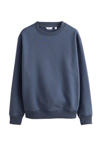 Tengerészkék pulóver puha anyagból, kerek nyakkivágással, bordázott mandzsettákkal és szegéllyel, sima textúrával és minimalista kialakítással.