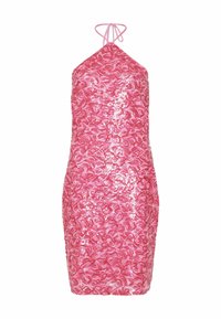 Īss rozā secinēta kleita ar haltera kakla izgriezumu, kas satur teksturētu faktūru un pieguļošu siluetu, paredzēta pieguļoša izskata iegūšanai.