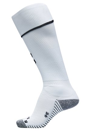 White knee-high sock with black accents, textured fabric, reinforced toe and heel, and striped grey pattern on the sole.