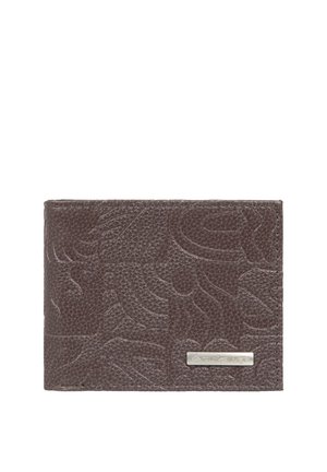 Dark brown textured leather wallet with embossed abstract patterns and a small rectangular silver metal logo plaque on the front.