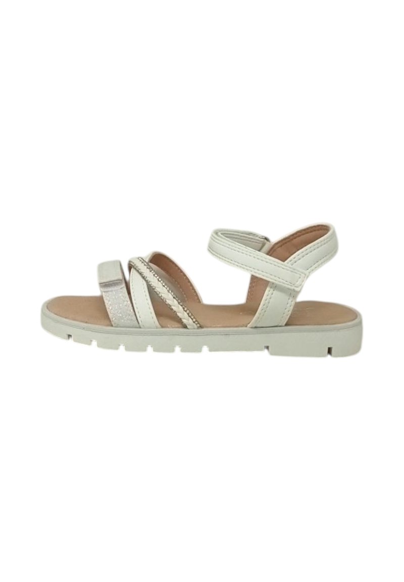 Sandal in sintetico bianco con due cinturini regolabili, dotata di un cinturino con effetto glitter e suola in gomma testurizzata.