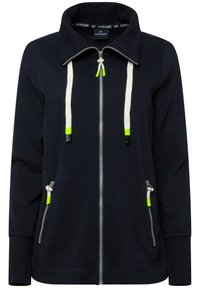 Sudadera con cremallera en color navy, fabricada en una mezcla de algodón, con un cuello alto, cordones con extremos verdes y dos bolsillos frontales con cremallera.