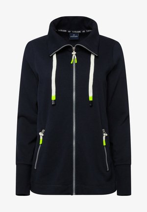 Námořnická mikina na zip vyrobená z bavlněné směsi, s vysokým límcem, šňůrkami se zelenými konci a dvěma předními kapsami na zip.