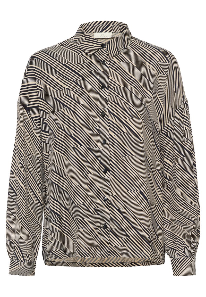 Langärmlige Bluse mit Knopfleiste und schwarz-beigem diagonalem sowie geometrischem Streifenmuster und kleinem Kragen.