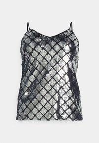Camiseta de tirantes negra con lentejuelas, que presenta un patrón de diamantes, tirantes delgados ajustables y una textura suave y brillante. Ideal para la ropa de noche.