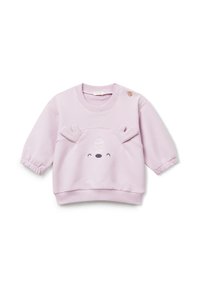 Sudadera de bebé de color púrpura claro con mangas largas, puños elásticos, bordado de cara de ciervo y detalles en 3D de cuernos en la parte delantera.