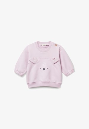 Sudadera de bebé de color púrpura claro con mangas largas, puños elásticos, bordado de cara de ciervo y detalles en 3D de cuernos en la parte delantera.
