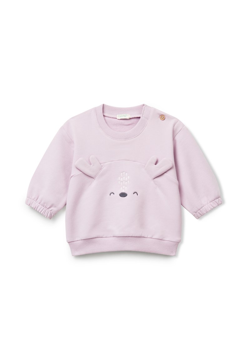 Sudadera de bebé de color púrpura claro con mangas largas, puños elásticos, bordado de cara de ciervo y detalles en 3D de cuernos en la parte delantera.
