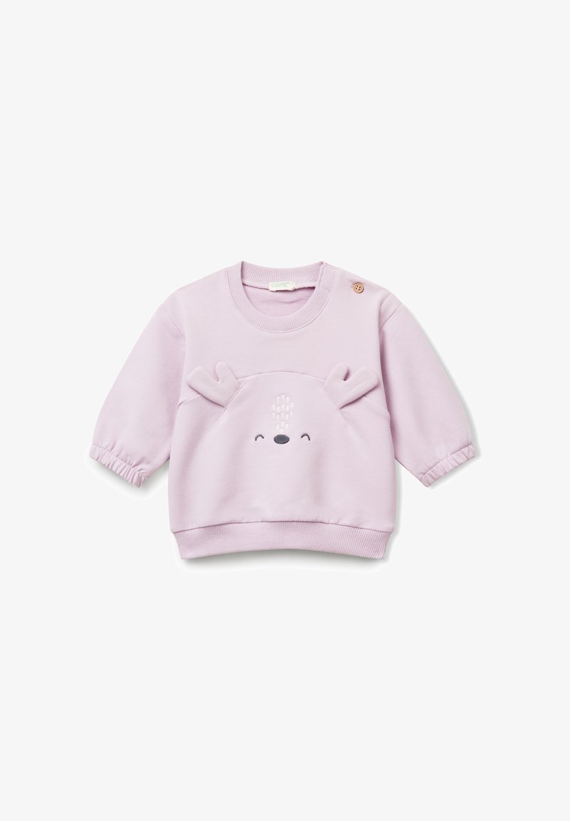 Felpa per neonati di color lilla con maniche lunghe, polsini elastici, ricamo a forma di faccia di cervo e dettagli delle corna in 3D sul davanti.