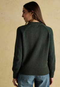 Tume roheline kootud sviiter ribatud ääred ja alumine ääres. Omab klassikalist ümmargust kaelust ja raglanvarrukaid, valmistatud pehmest materjalist.