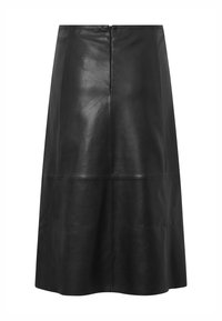 Mustat nahka midi-hameet, joissa on sileä pinta, A-linjainen siluetti ja suora takavetoketju. Ominaisuuksiin kuuluu saumaton paneelimuotoilu.