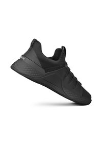 Black athletic shoe with a mesh upper, flexible sole, rubber accents, and textured heel. Features laces and a pull tab at the back.