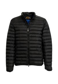 Giacca a piumino nera con chiusura frontale a zip, collo alto e motivo trapuntato orizzontale. Tessuto leggero con trama liscia.