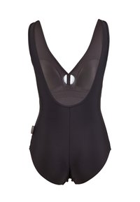 Zwarte badpak met een diepe V-hals aan de voorkant en achterkant. Gemaakt van gladde stof, met een ronde uitsnijding en minimale stiksels.