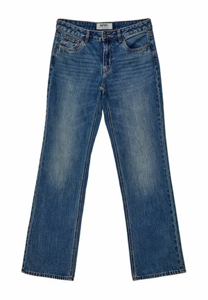 Blaue Denim-Jeans mit geradem Bein, ausgestattet mit Vordertaschen, einem Knopfverschluss und leichten Abnutzungen an den Beinen.