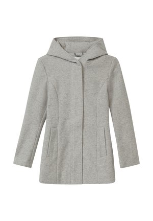 Gray textured coat with a hood, front closure, and two side pockets. Features a straight design and mid-length sleeves.