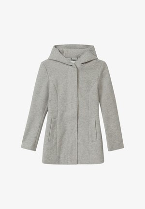 Manteau texturé gris avec capuche, fermeture à l'avant et deux poches latérales. Caractérisé par un design droit et des manches mi-longues.