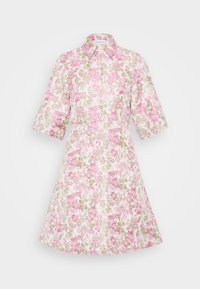 Blumenkleid in Weiß mit rosa und grünen Blumenmotiven; hat einen Kragen, kurze Ärmel und eine ausgestellte, knielange Silhouette.